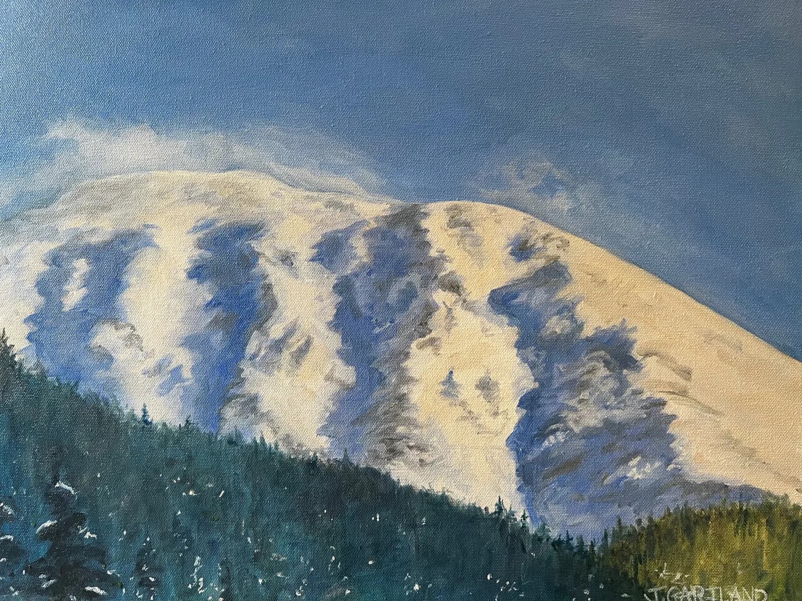 An impressionistic oil painting depicts a snow-covered mountain peak above a dark evergreen forest under a blue sky.