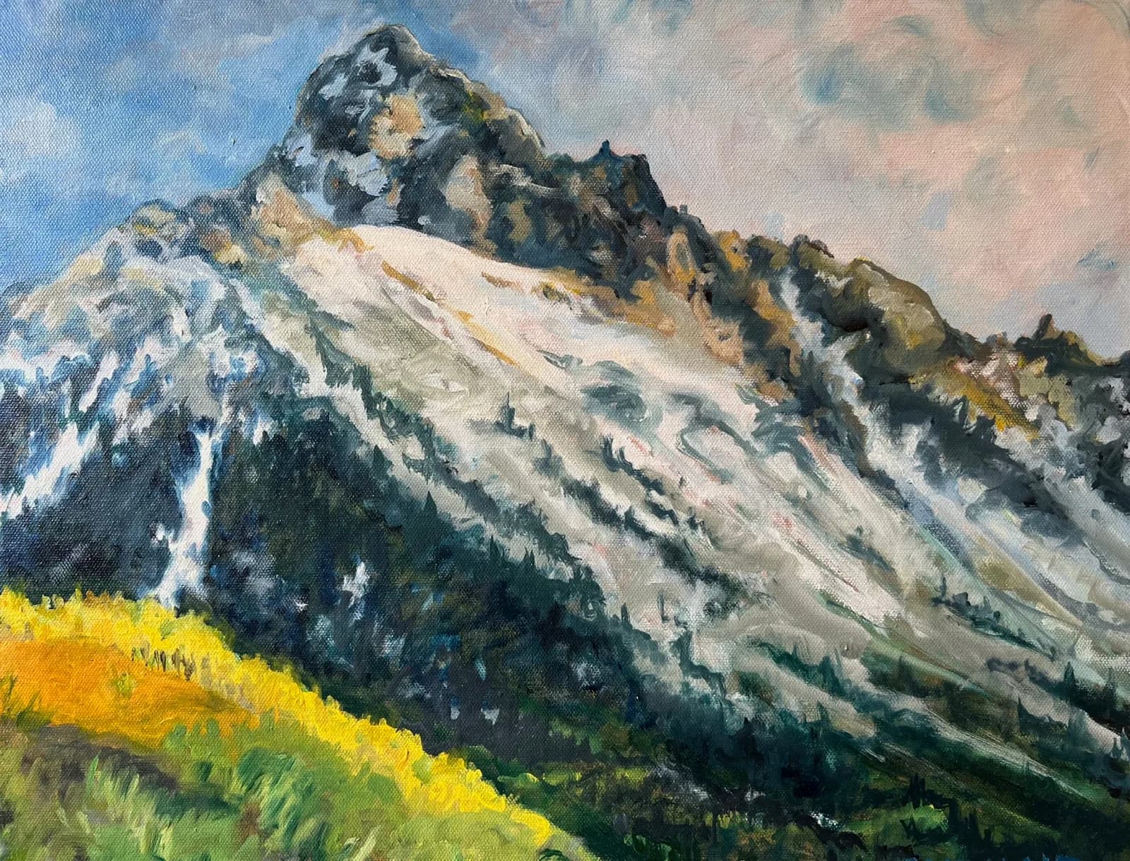 An impressionistic oil painting captures a snow-dusted mountain peak with a vibrant yellow and green foreground.