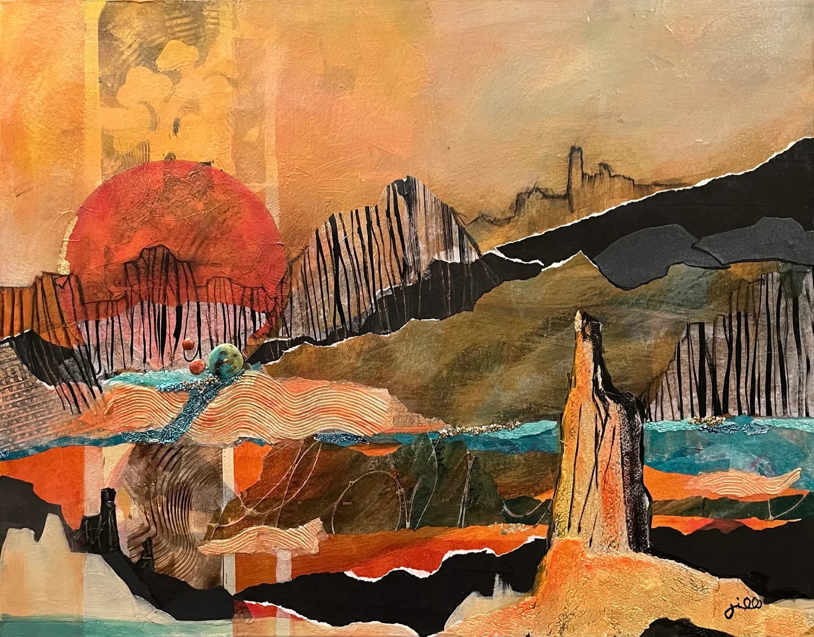 An abstract mixed media landscape collage features a large red sun over textured mountains in shades of Flame Pea, Prairie Sand, and Tan.