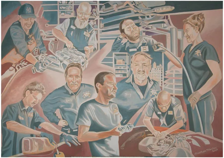 A painting of a team of mechanics working on an engine, rendered in oil and acrylic.