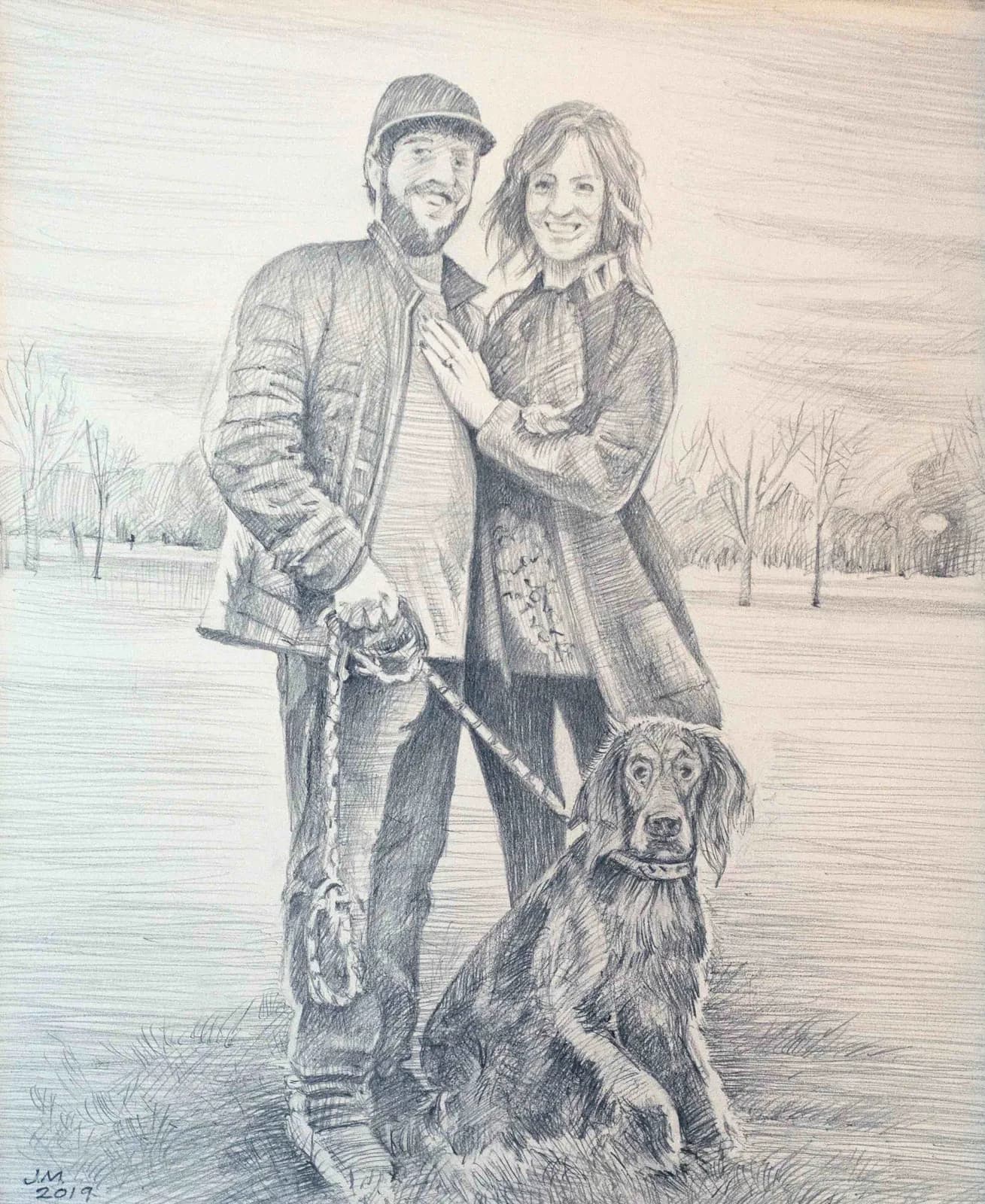 A graphite drawing depicts a couple and their dog in a park setting, rendered with detailed cross-hatching.