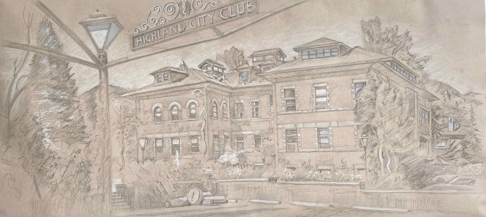 An ink drawing depicts the Highland City Club building with surrounding trees and mountains under a cloudy sky.