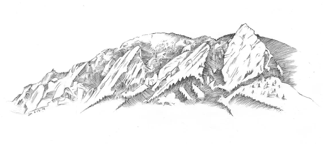 Ink drawing of the Flatirons mountains with trees and a signature dated 2-13-14.