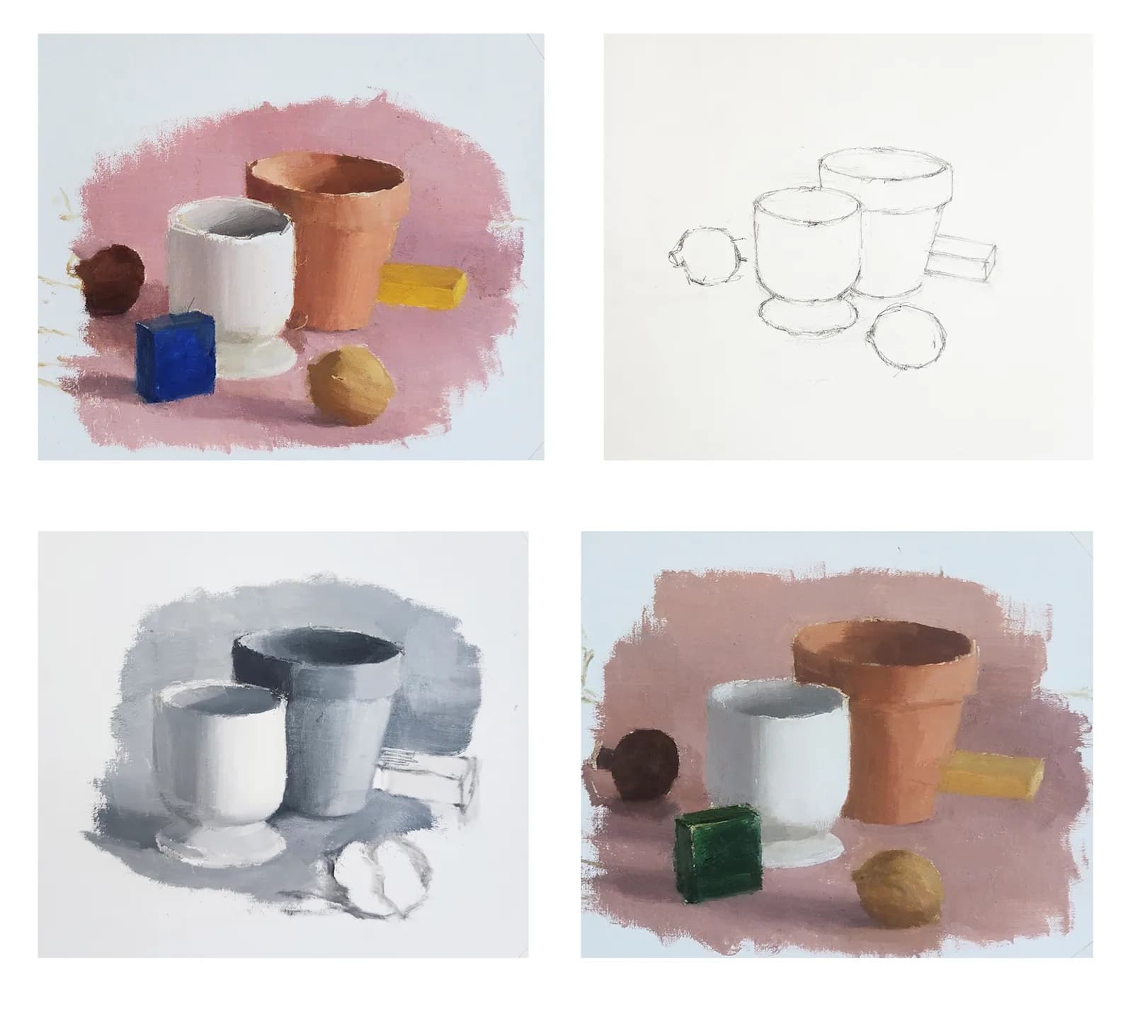 A collection of still life studies in various stages of completion, featuring pots, blocks, and fruit.