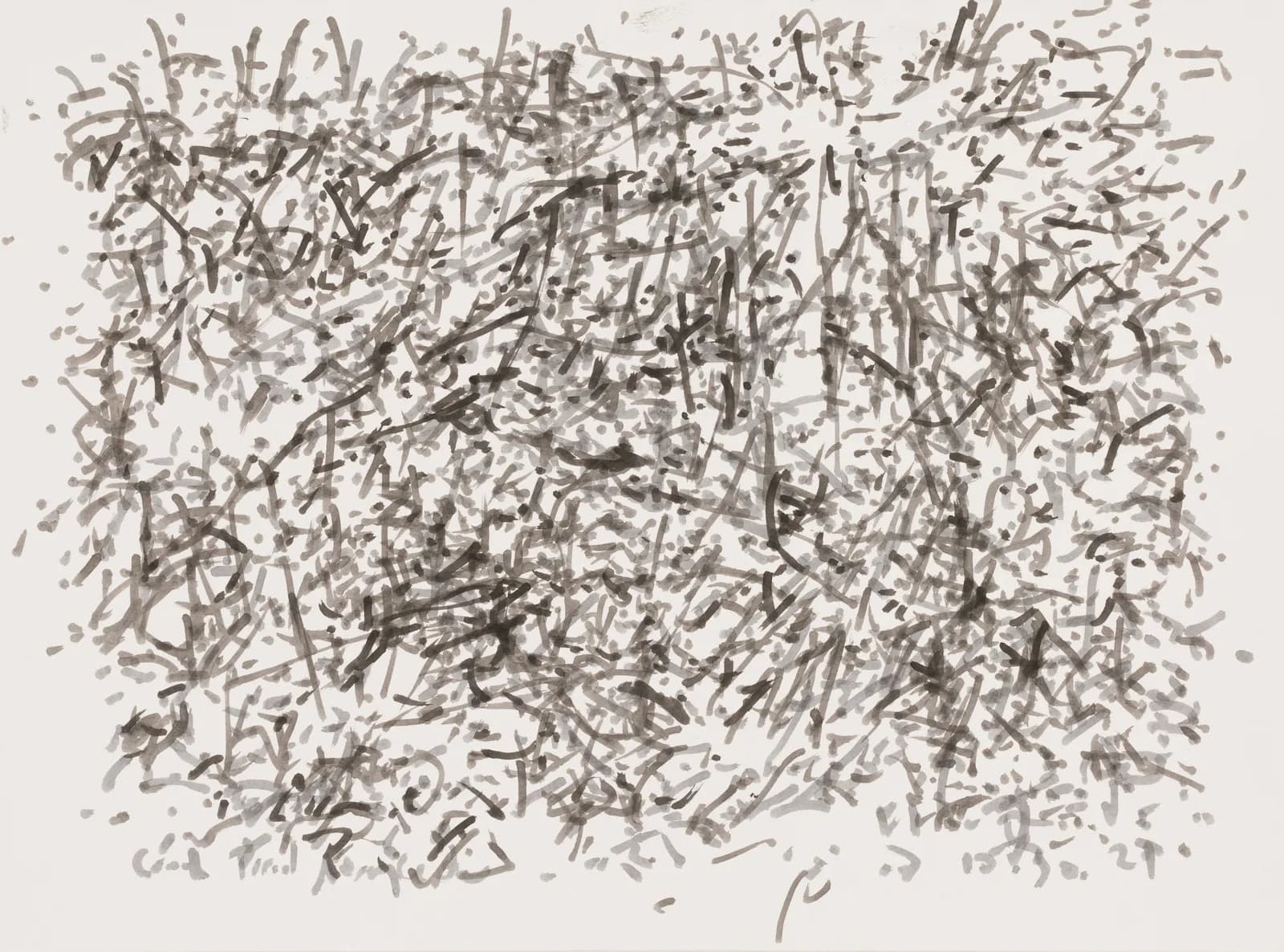 An abstract ink drawing features gestural lines and dots in a monochrome palette.
