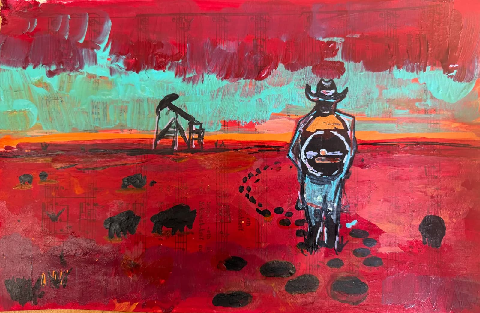 An expressionist painting depicts a lone cowboy in a red landscape with buffalo and an oil rig under a dramatic sky.