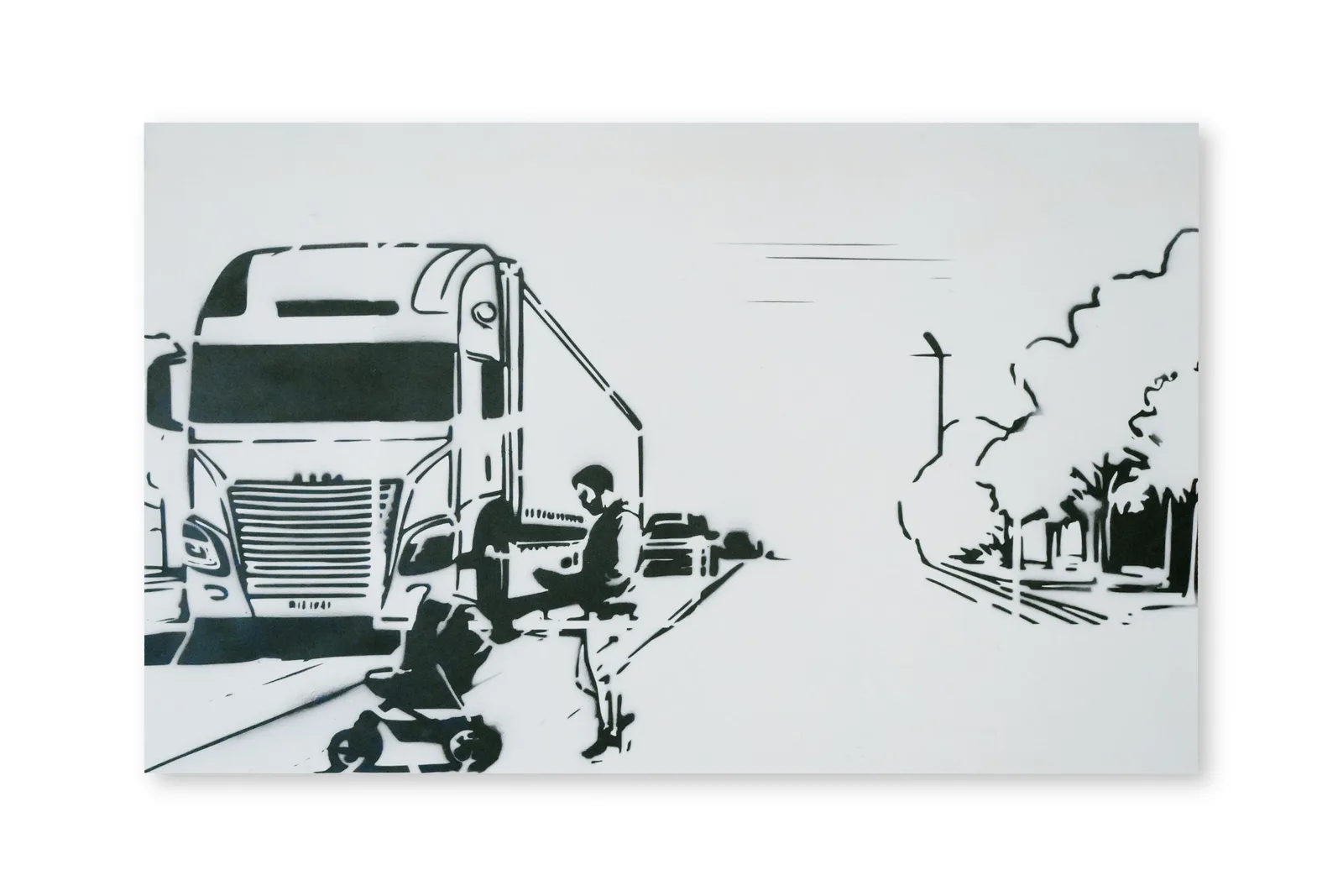 A stencil painting depicts a person with a baby stroller near a truck on a road with trees in the background.