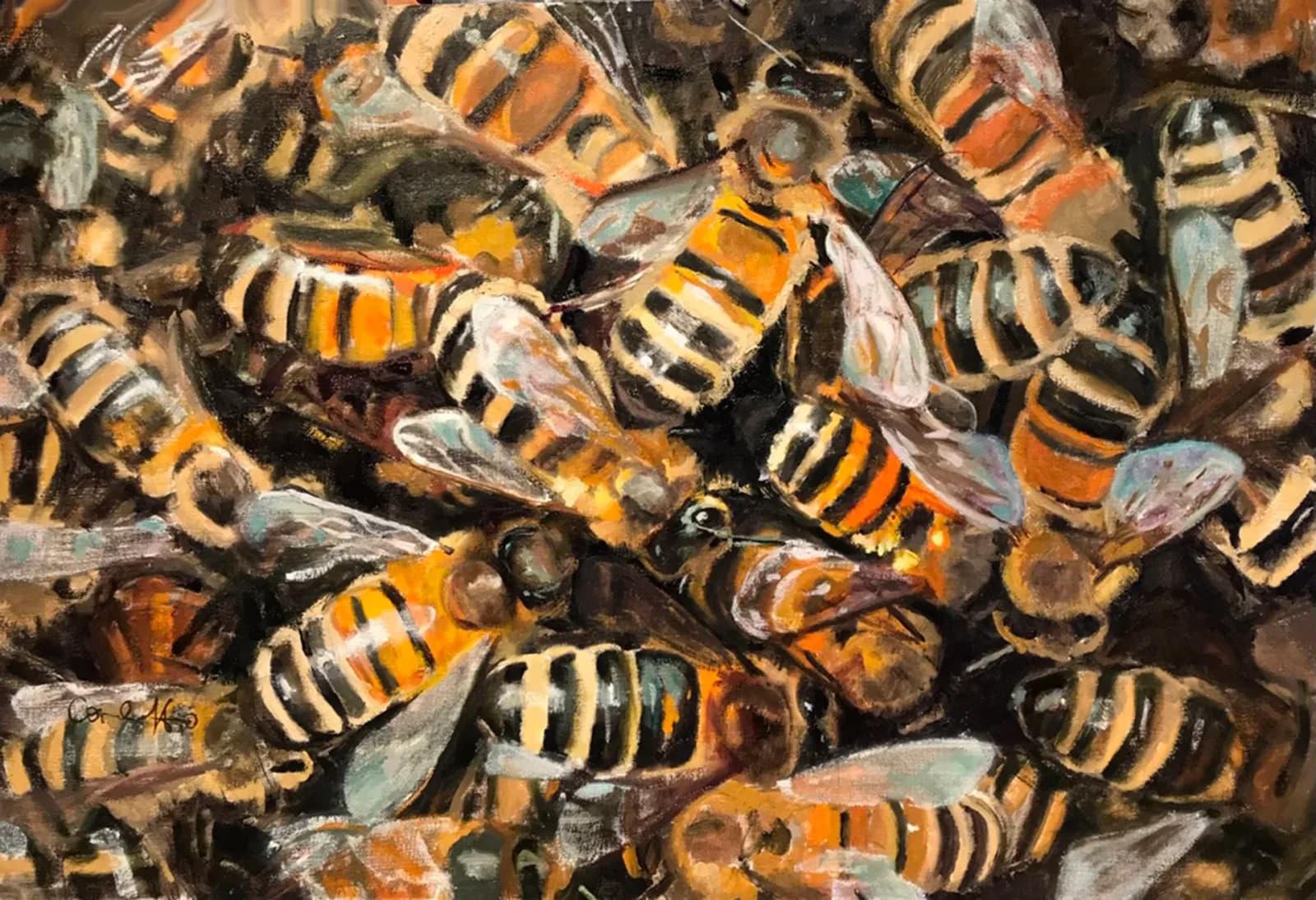 A dense cluster of bees is rendered in oil and acrylic with a palette of Di Serria, Bistre, and Iroko.