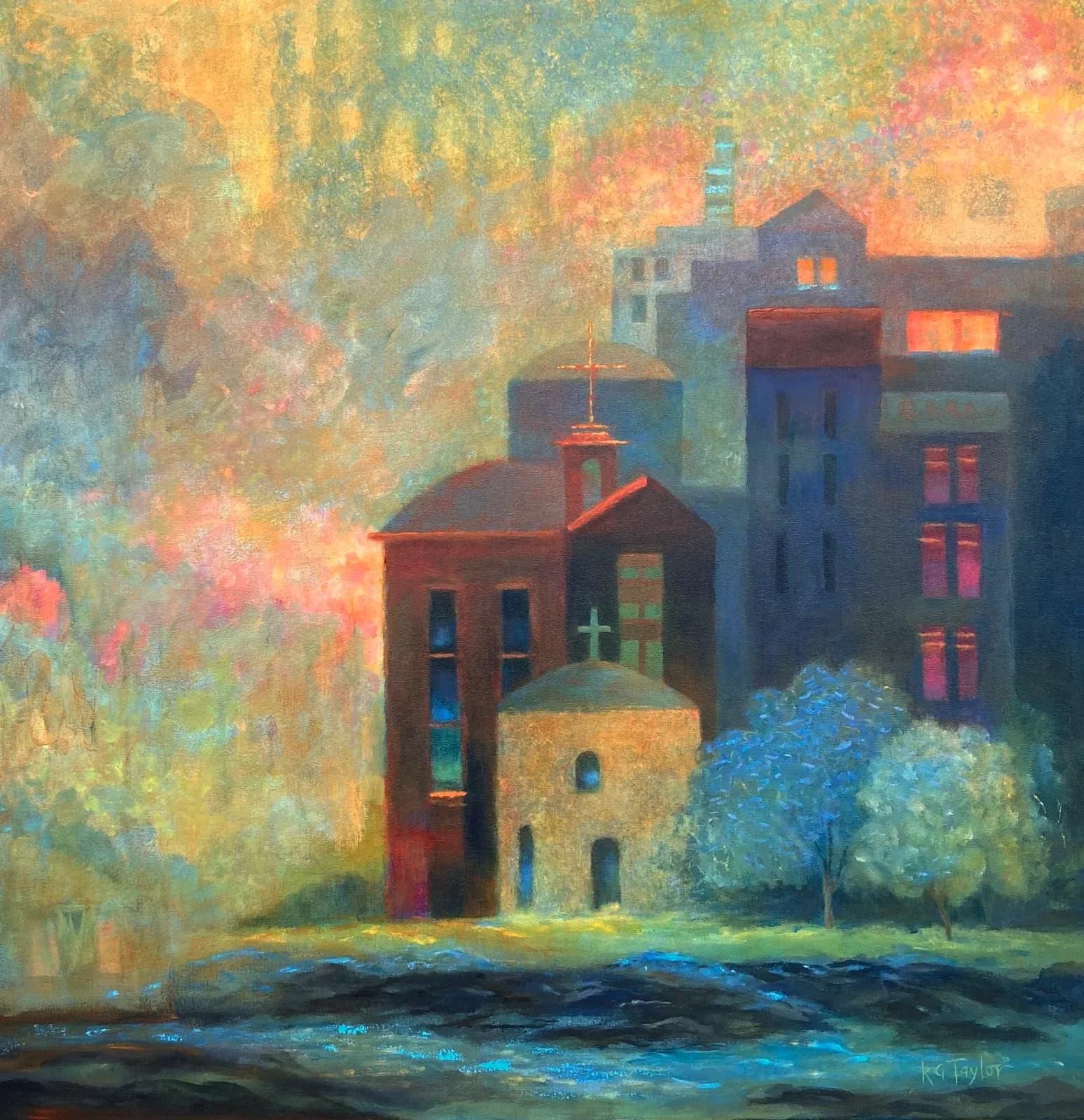 An impressionistic cityscape painting in oil and acrylic depicts buildings and a church with a warm, hazy sky and reflective water.