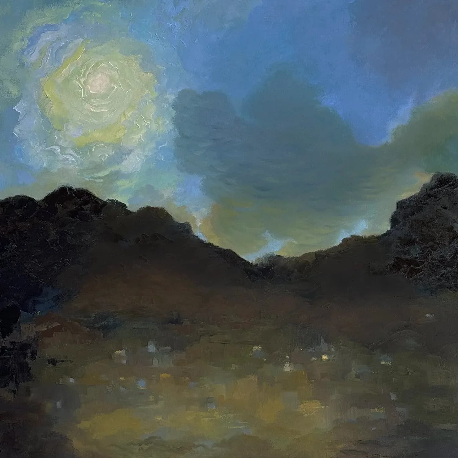 An impressionistic oil painting depicts the Flatirons mountains under a swirling sky with a luminous moon, casting light on a distant valley.