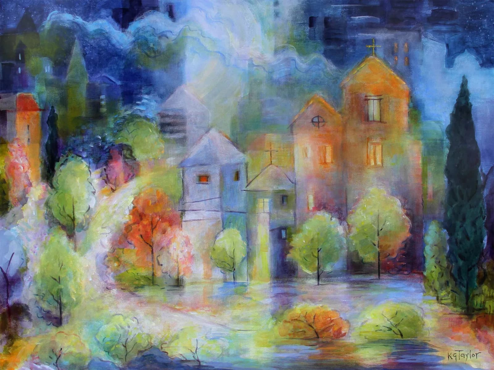 An impressionistic oil painting depicts a village with churches and trees under a dark sky.
