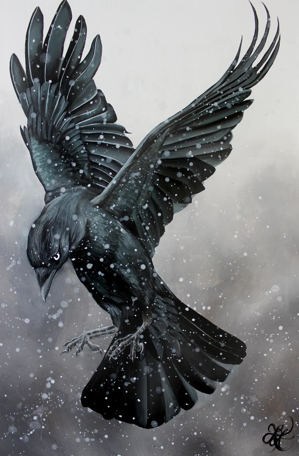 A dark crow descends in a snowy atmosphere, rendered in oil and acrylic with a palette of Alto and Dove Gray.