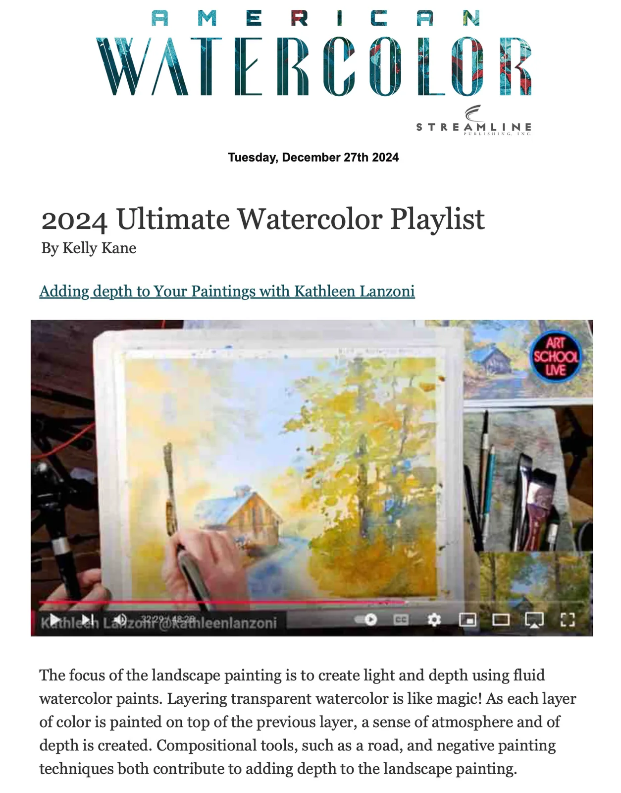 A watercolor painting of a barn and trees is shown in progress with artist's hands holding a brush.
