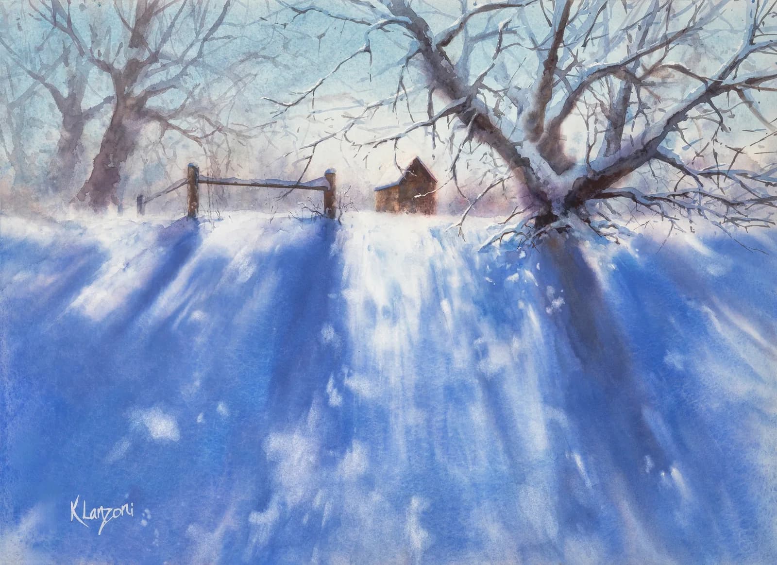 A watercolor painting captures a winter landscape with a rustic barn and fence, rendered in shades of blue and gray.