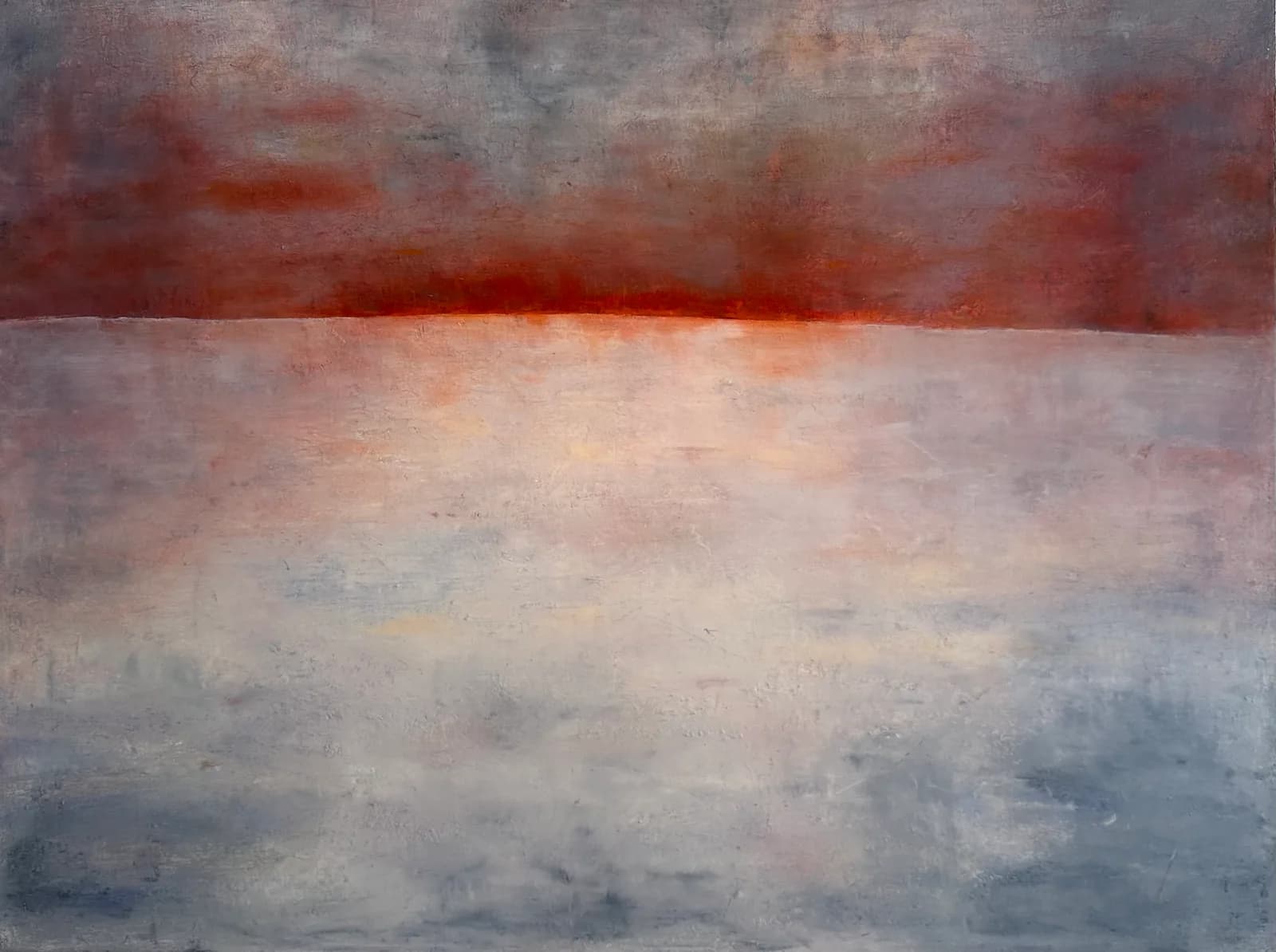 An abstract landscape painting in oil and acrylic features a bold red horizon line above a textured, muted foreground.