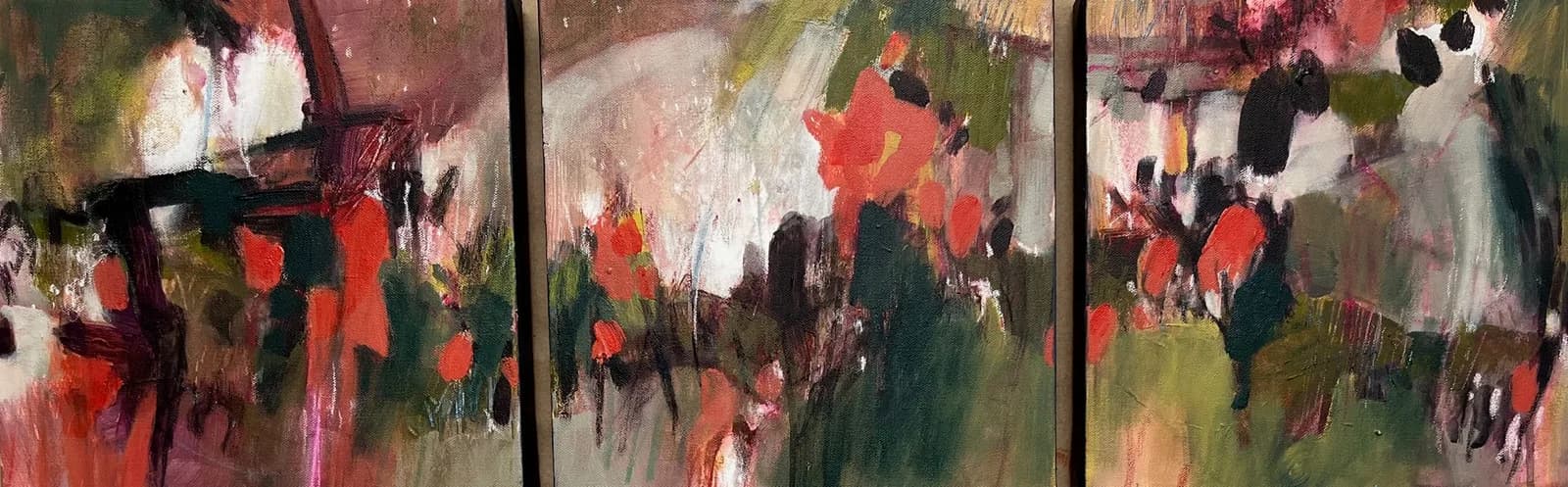 An abstract floral triptych painting in Oil & Acrylic, featuring vibrant reds and earthy tones.