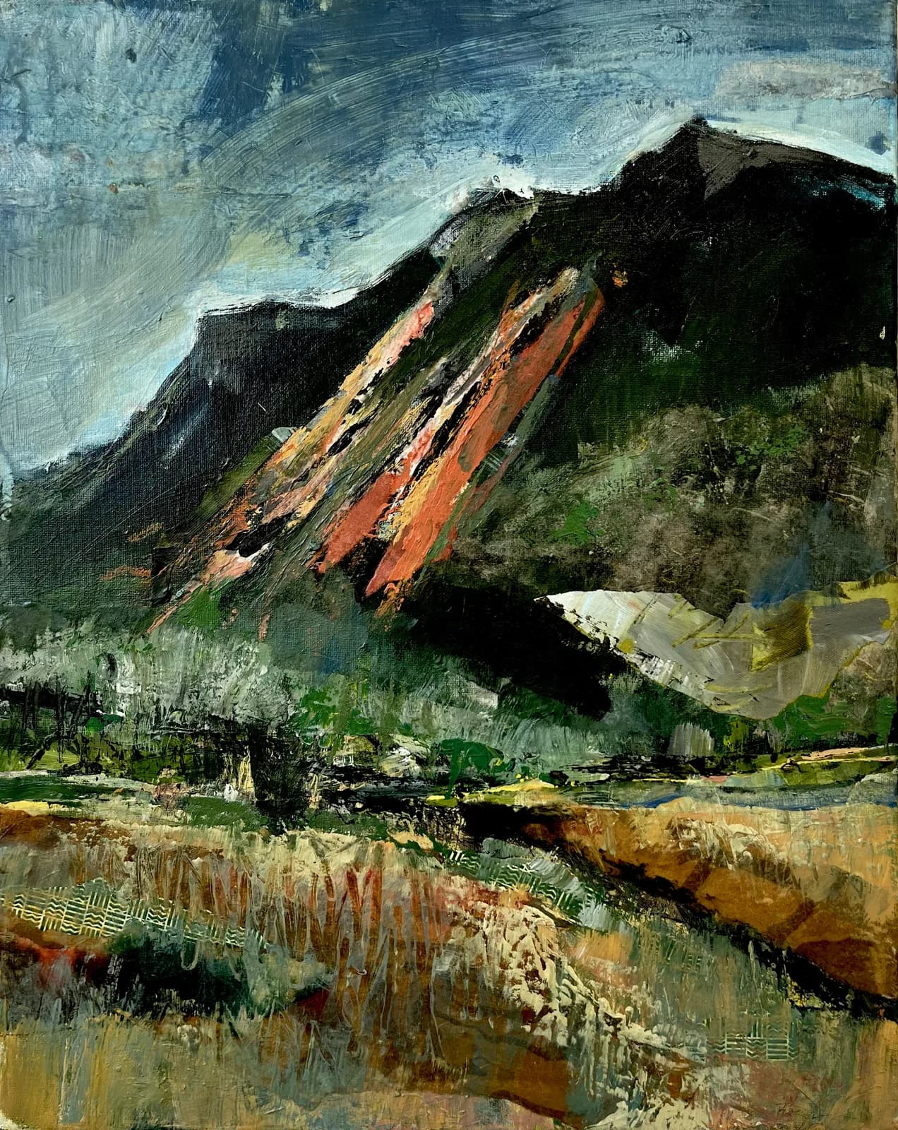 An expressive oil painting depicts the Flatirons mountains with bold brushstrokes and a rich, earthy palette.