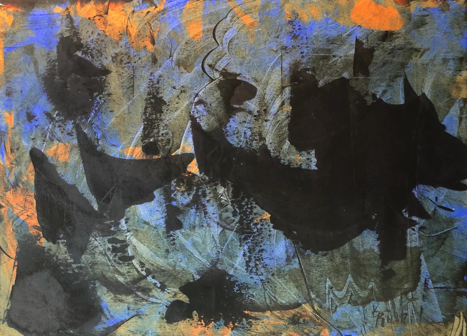 An abstract oil painting features bold black forms against a textured background of blue, orange, and gray.