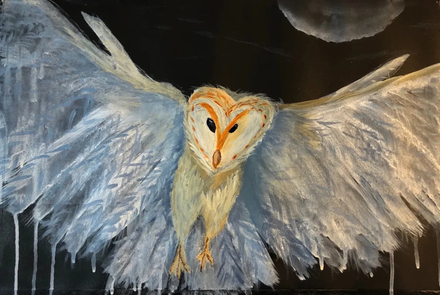 An expressive oil painting depicts a barn owl in flight against a dark night sky with a moon.