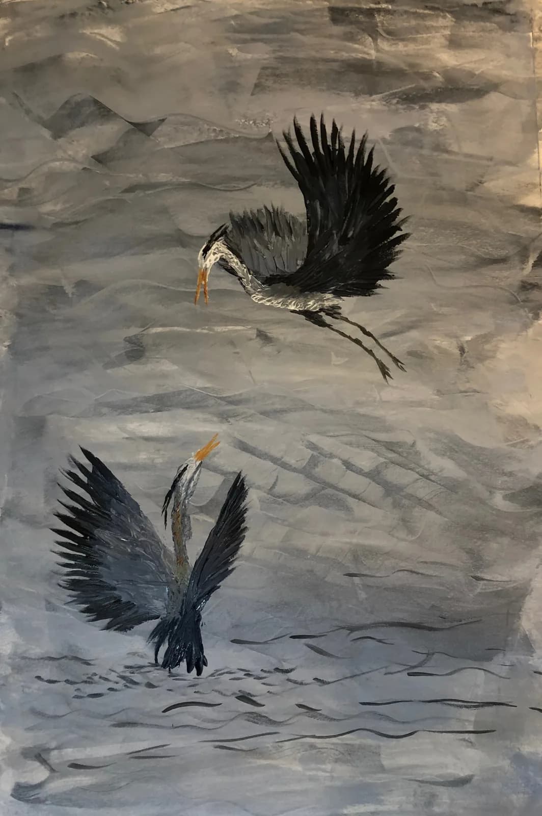 Two herons in flight over water, rendered in a muted palette of grays and black.