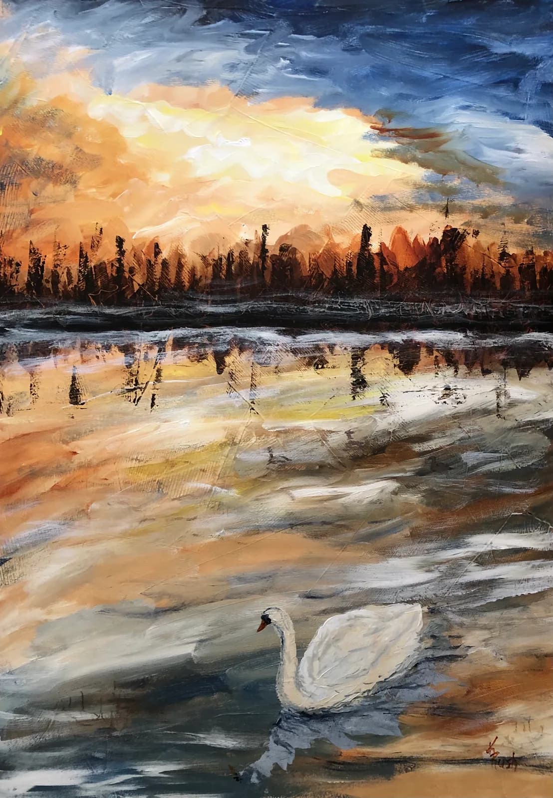 An impressionistic oil painting depicts a swan on water at sunset with reflections and a silhouetted treeline.