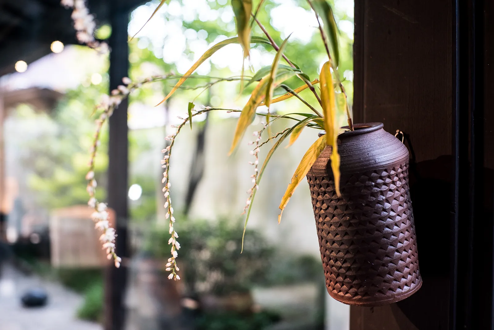 A textured ceramic vase holds a plant with delicate white flowers, set against a blurred green background.