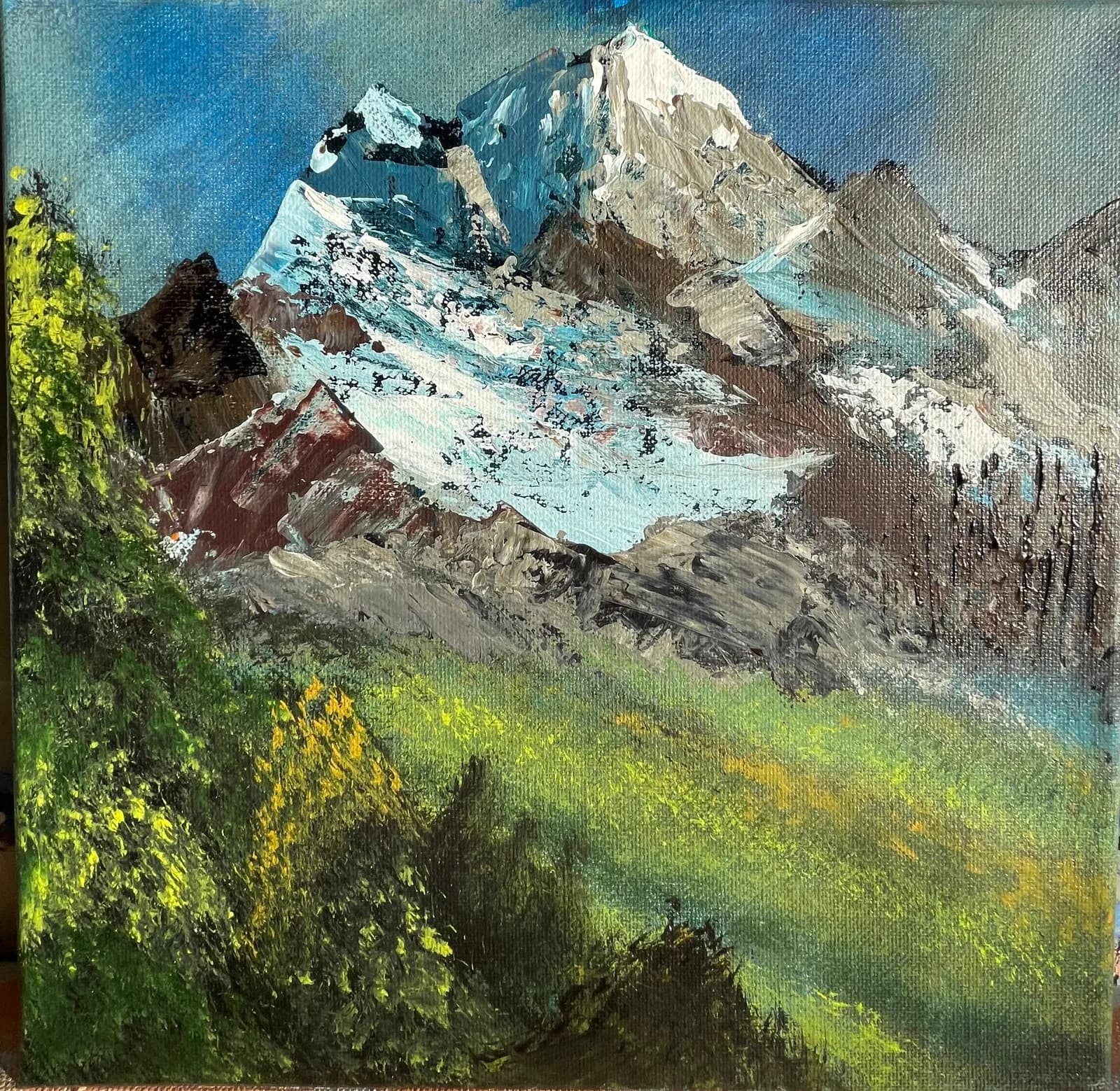 An impressionistic oil painting depicts snow-capped mountains rising above lush green foreground.