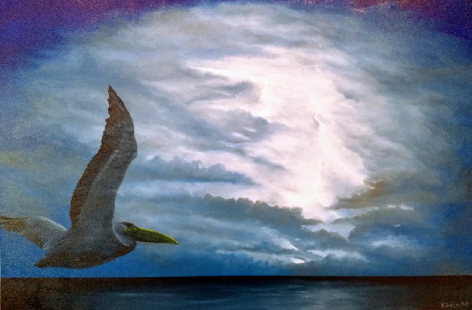 A pelican flies through a dramatic, stormy sky over the ocean, rendered in oil and acrylic.