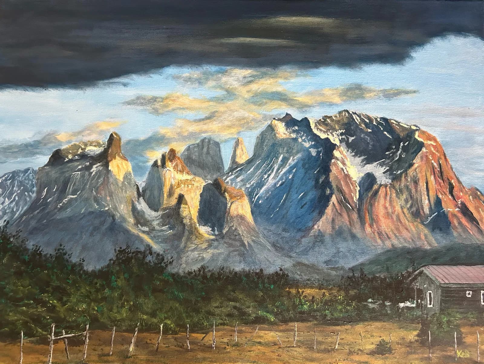 An impressionistic oil painting depicts the Flatirons mountains under a stormy sky, with a rustic cabin in the foreground.