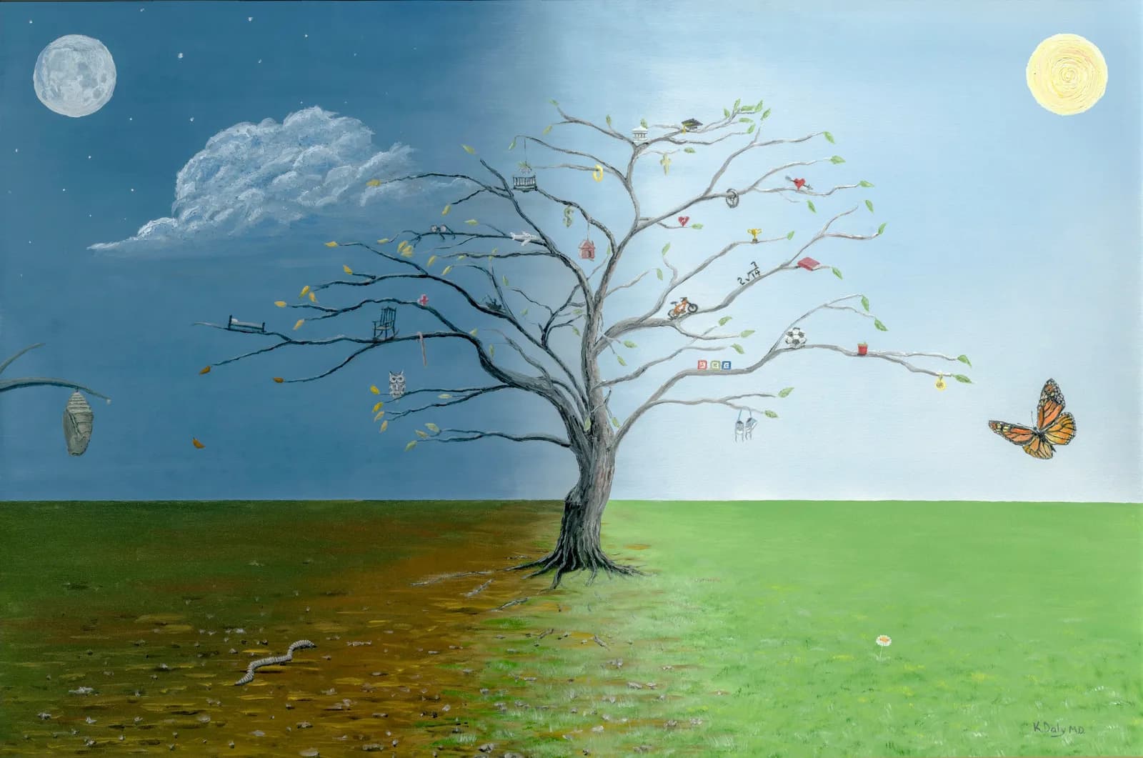 A surrealist painting depicts a tree symbolizing life's journey, with a chrysalis and moon on one side, and a butterfly and sun on the other.