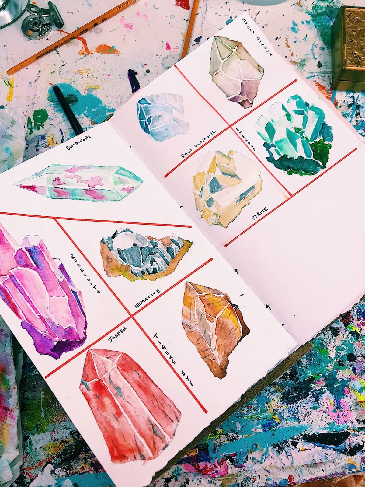 Watercolor paintings of various crystals and gemstones are displayed in a sketchbook on an artist's paint-splattered work surface.
