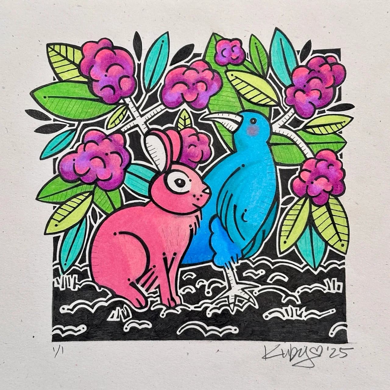 A folk art illustration in ink features a pink rabbit and a blue bird amidst stylized flowers and leaves.