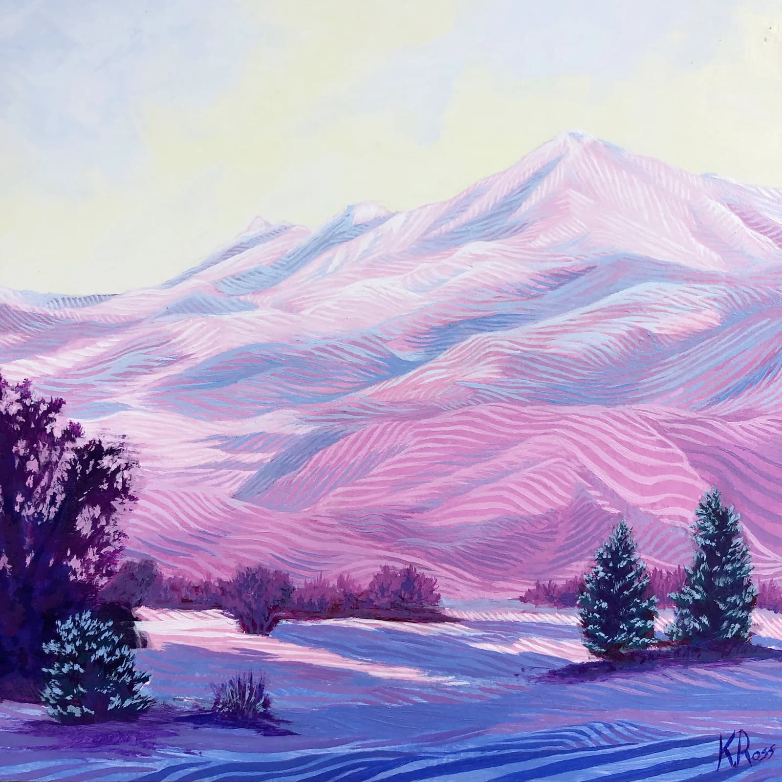 An impressionistic oil painting depicts snow-covered mountains in shades of pink and blue under a pale yellow sky.