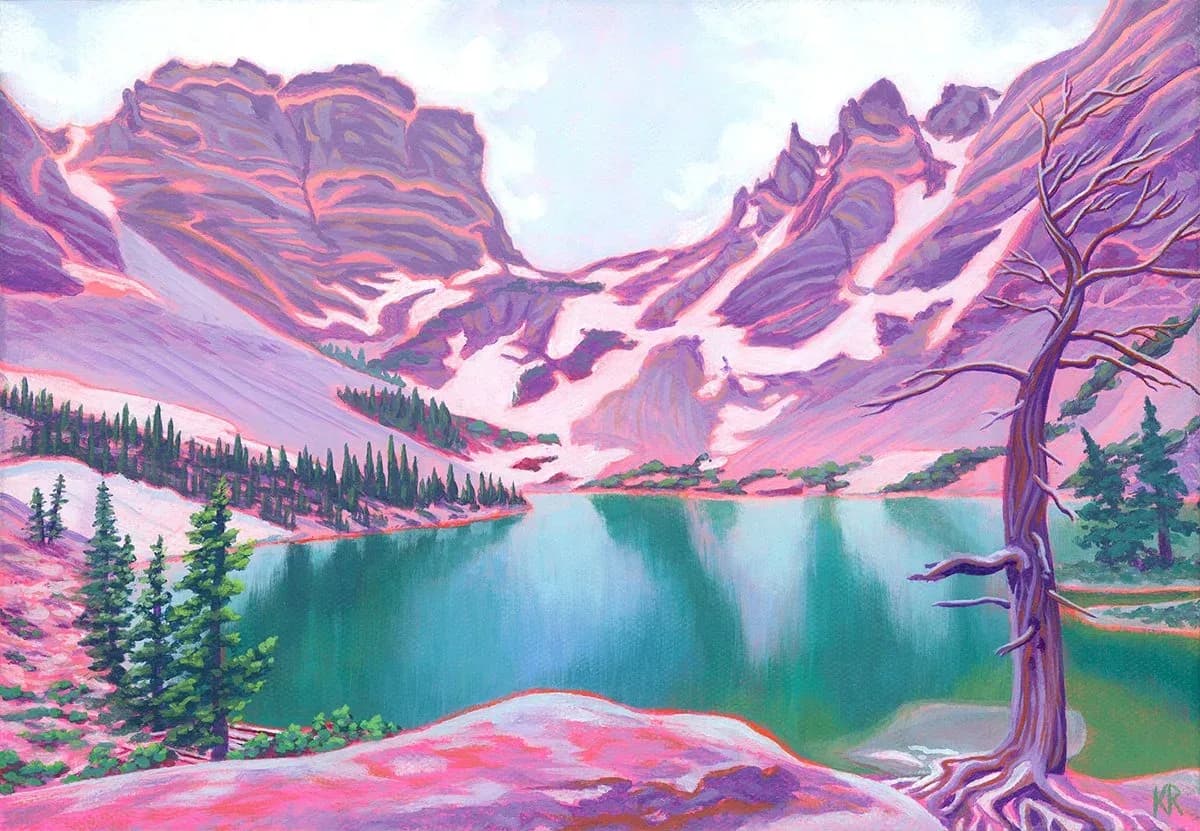 An impressionistic oil painting depicts a serene lake surrounded by snow-dusted mountains, featuring a prominent dead tree in the foreground.