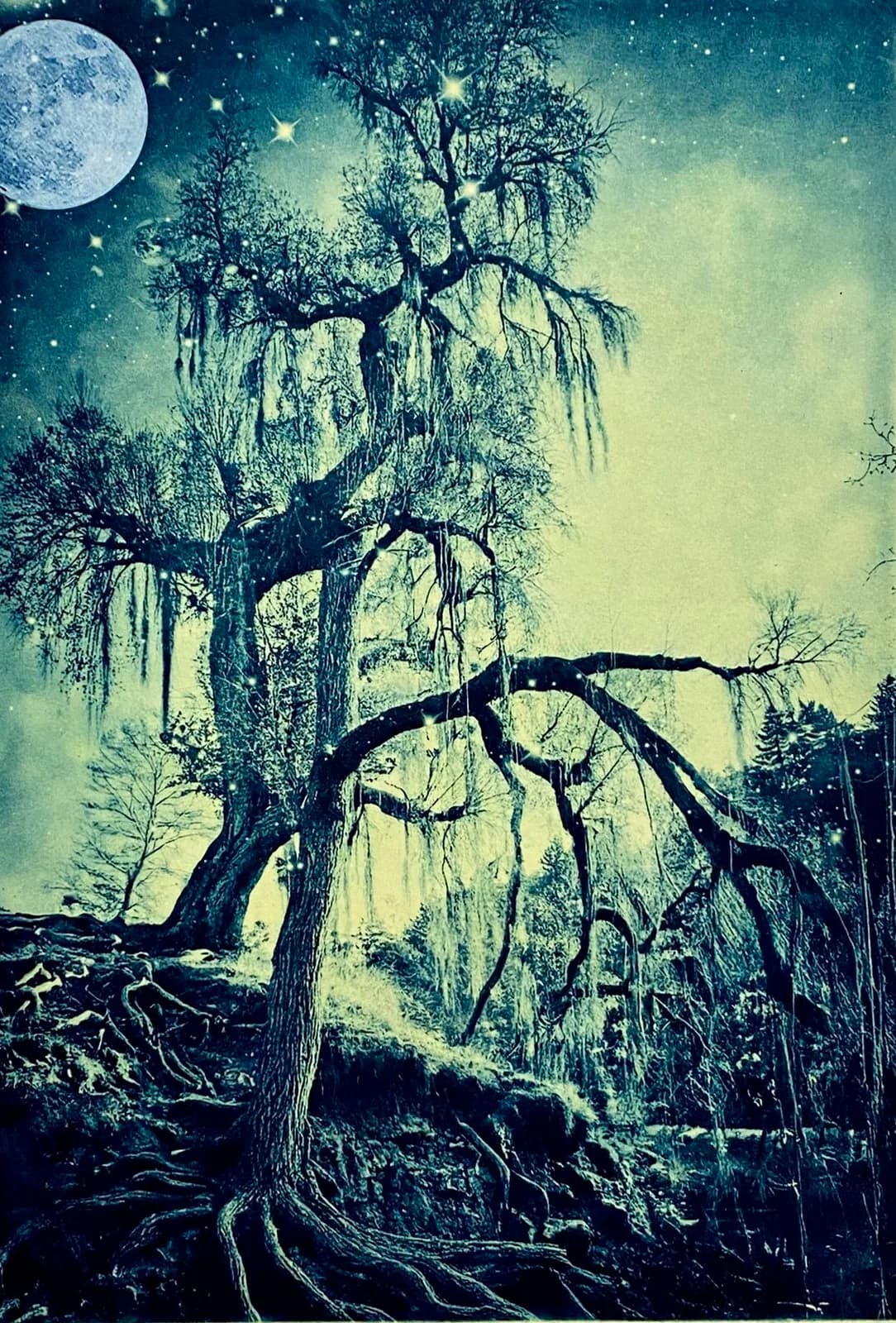 A surreal night landscape features a large, gnarled tree with hanging branches under a full moon and starry sky.