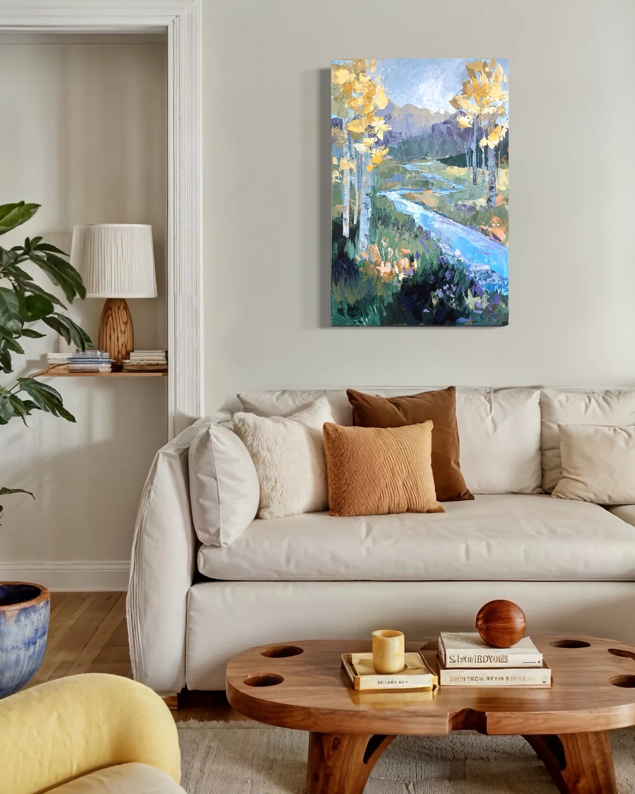 An impressionistic oil painting depicts a winding river through an autumn landscape with aspen trees.