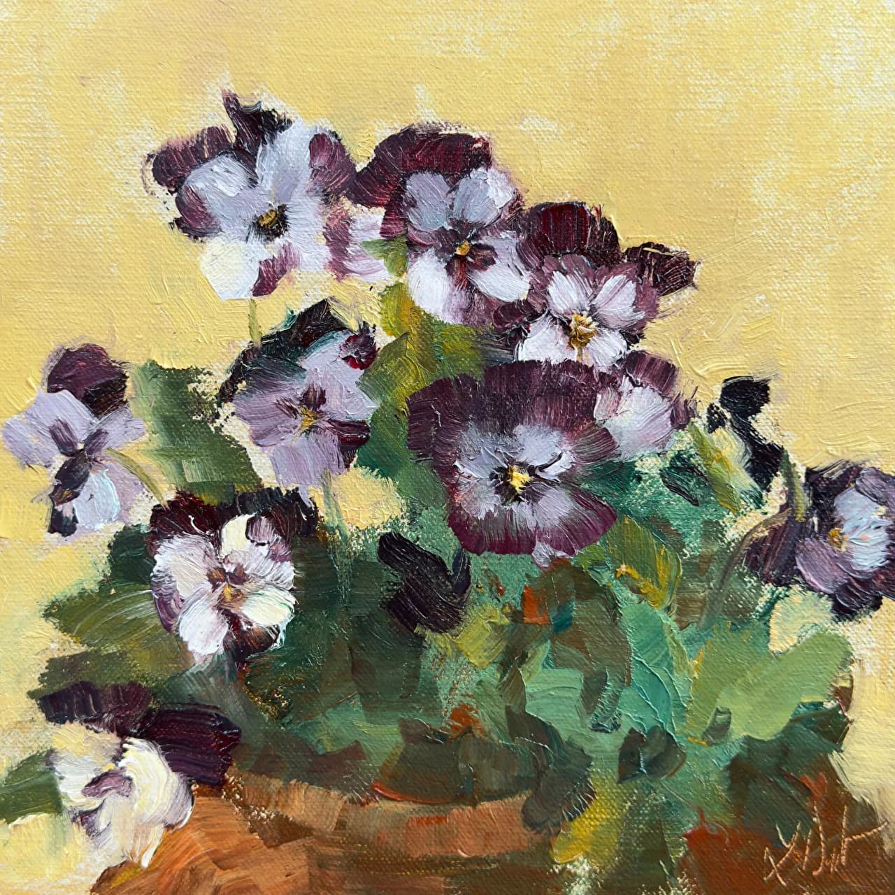 Impressionistic oil painting of purple and white pansies with visible brushstrokes against a yellow background.