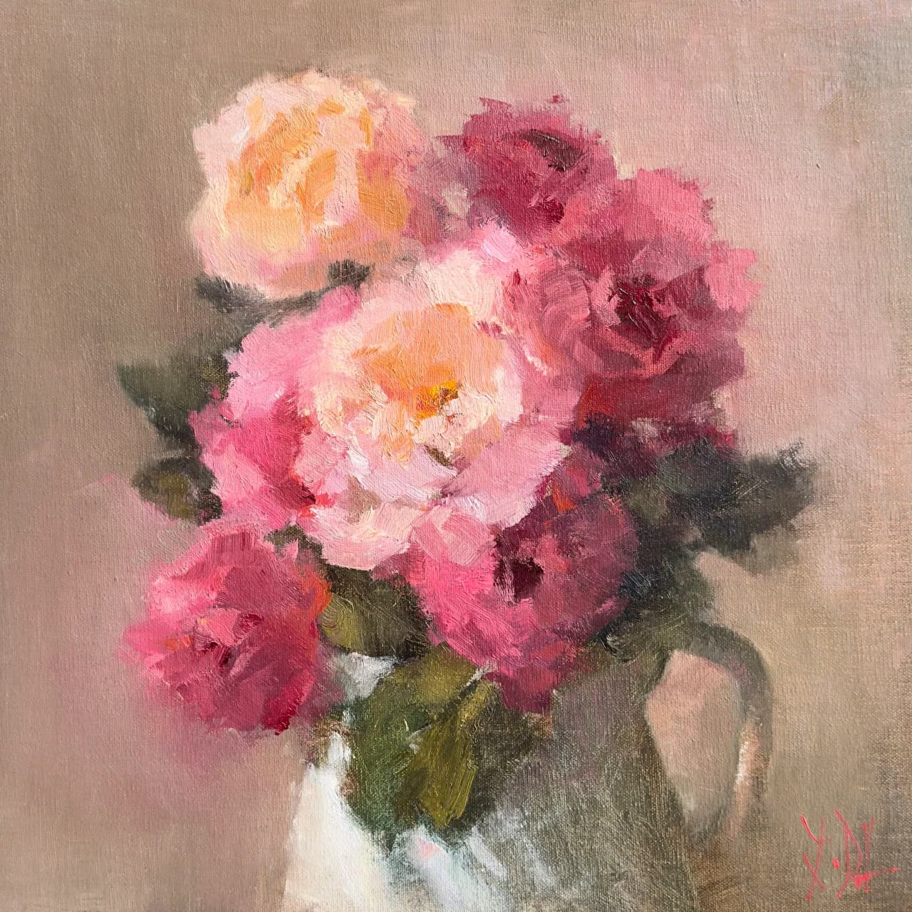 Impressionistic oil painting of pink and peach roses in a vase, with a soft neutral background.