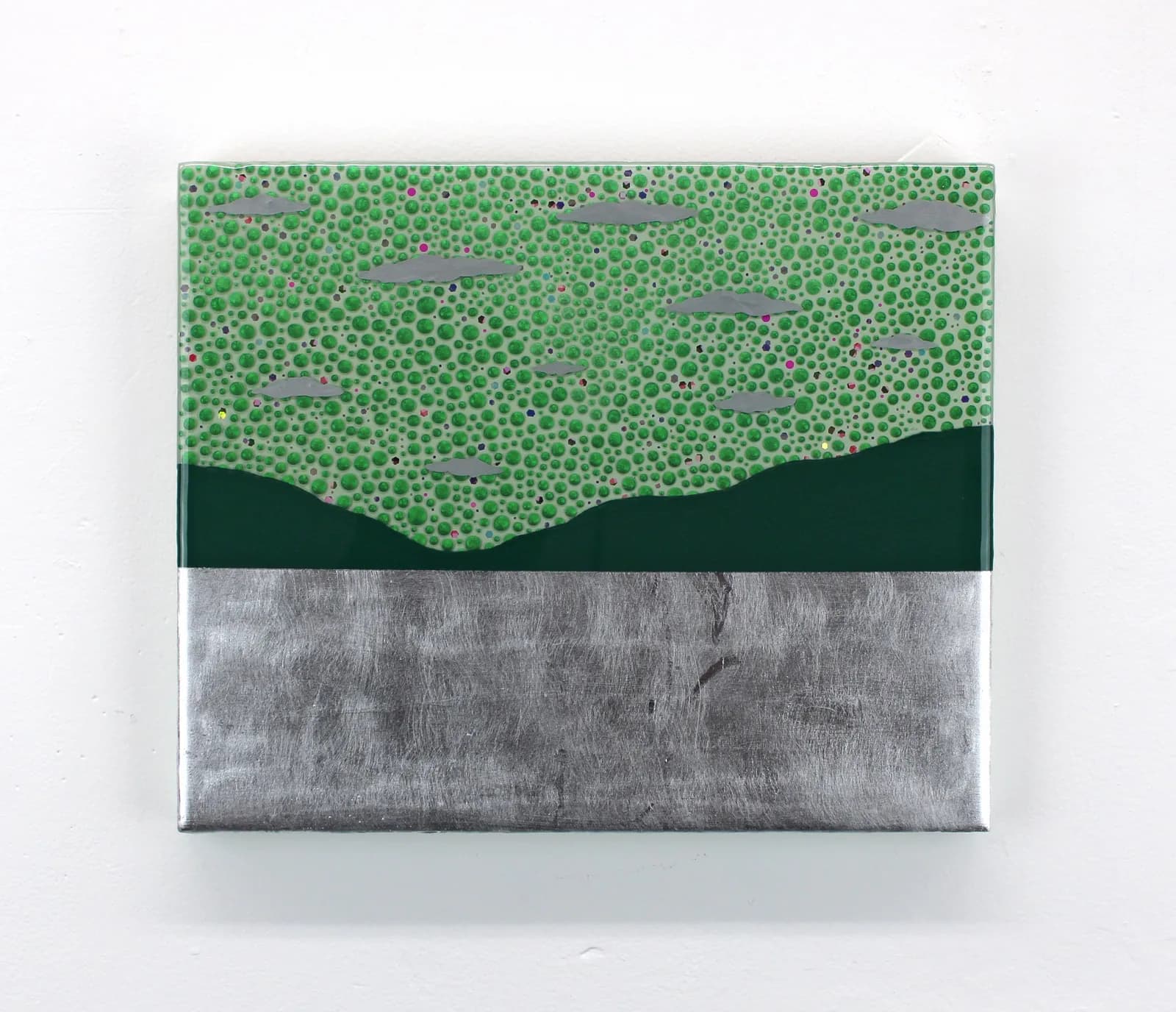 An abstract landscape painting with textured green and silver sections, featuring small gray clouds.
