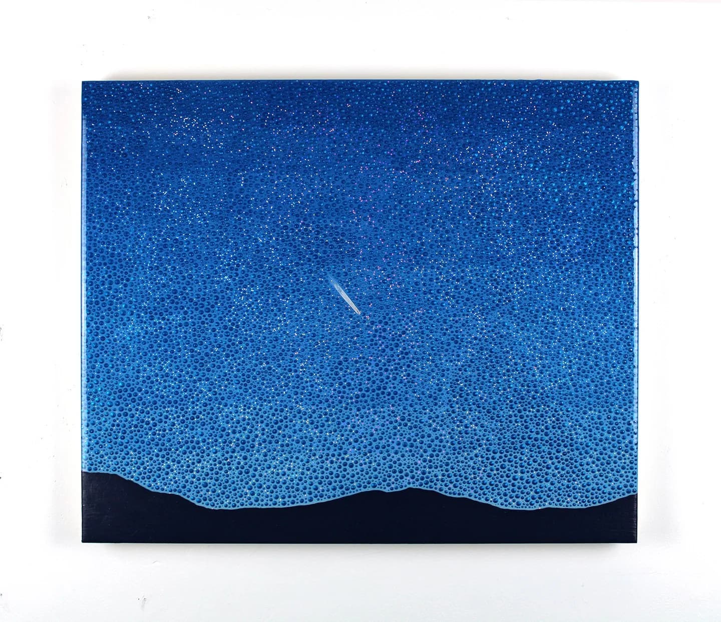 An abstract night sky painting with a shooting star over a dark landscape, rendered in textured acrylics.