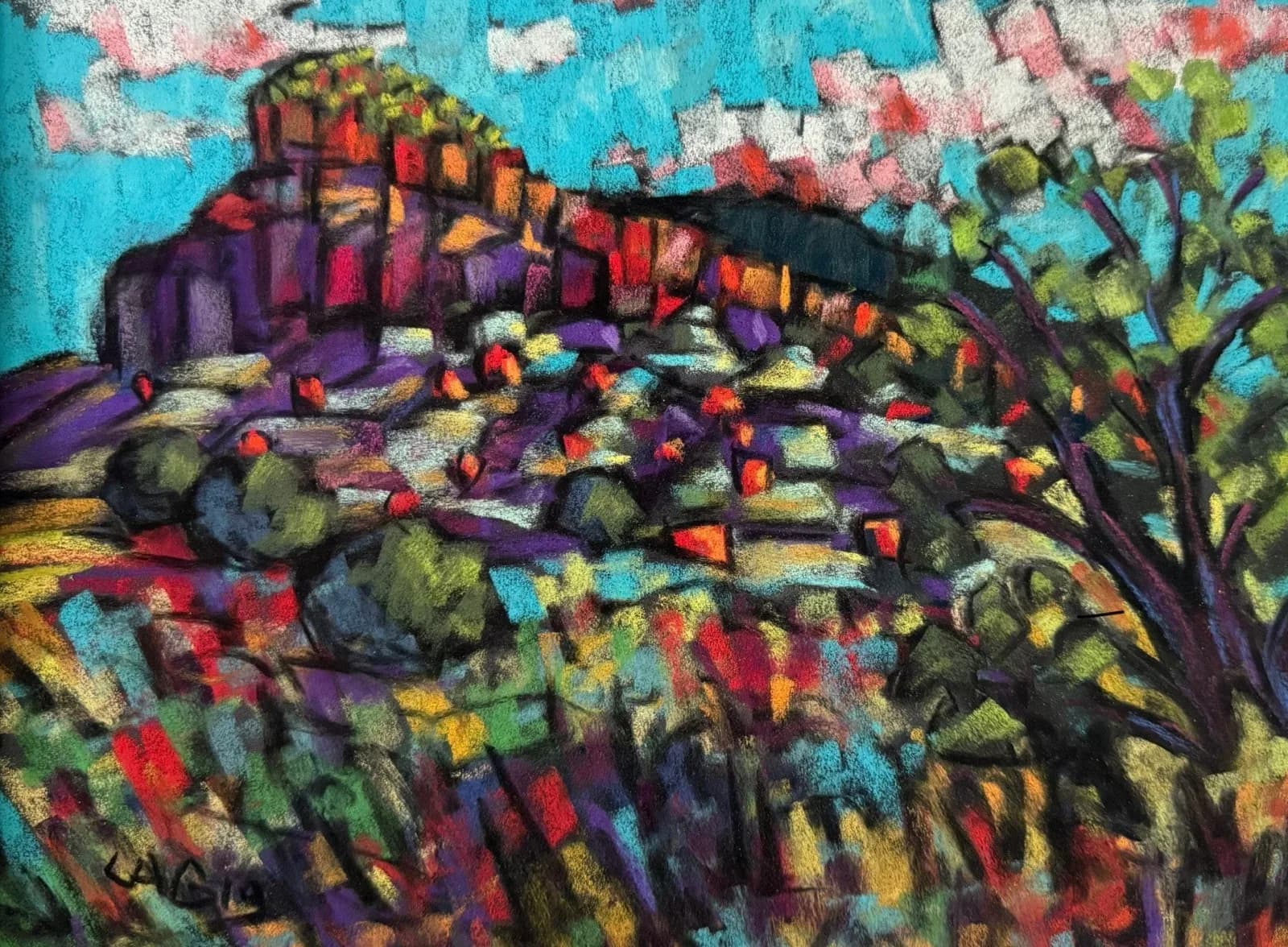 An impressionistic pastel drawing depicts the Flatirons landscape with vibrant colors and bold strokes.