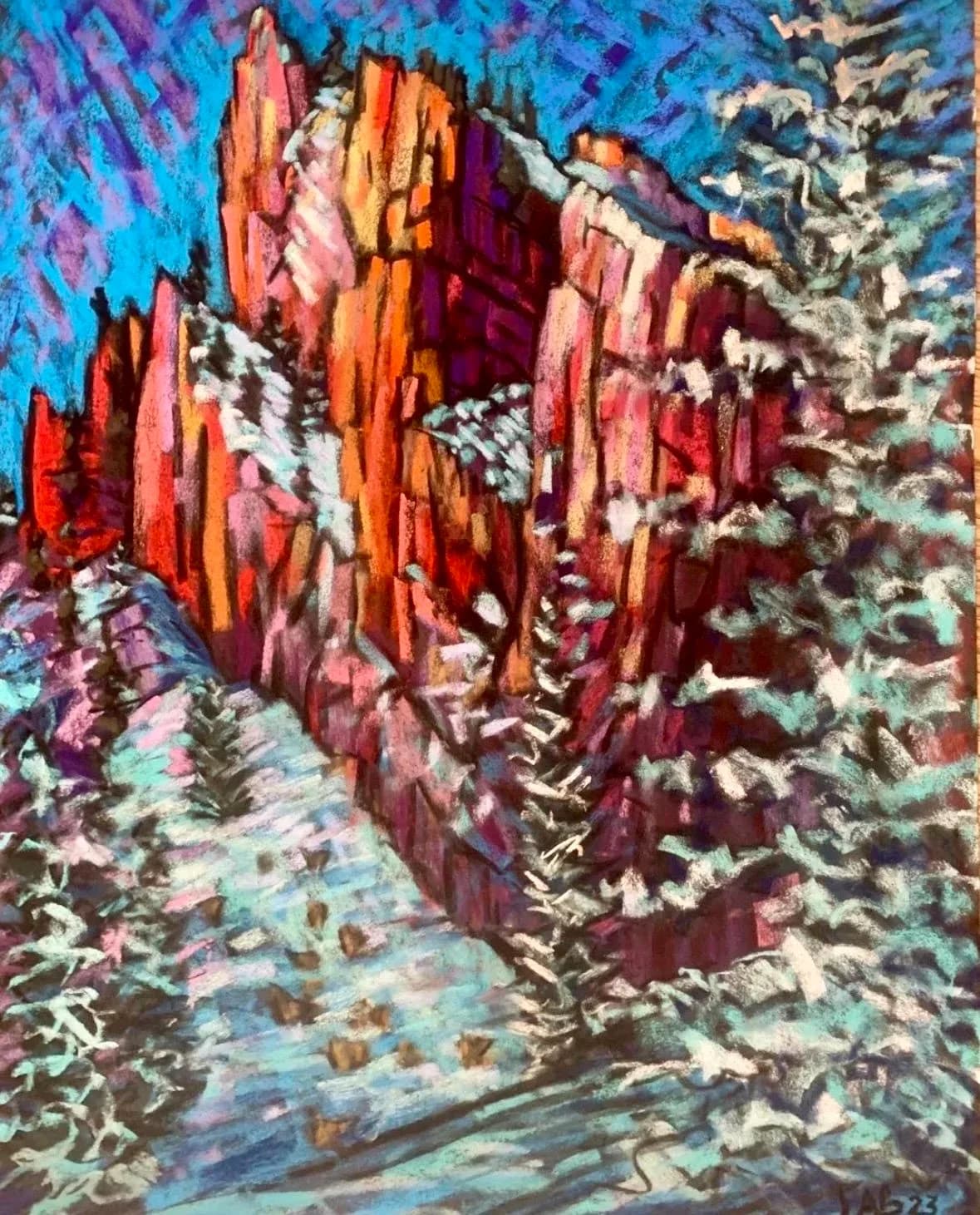 A pastel landscape painting captures the vibrant red rock formations of the Flatirons dusted with snow under a bright blue sky.
