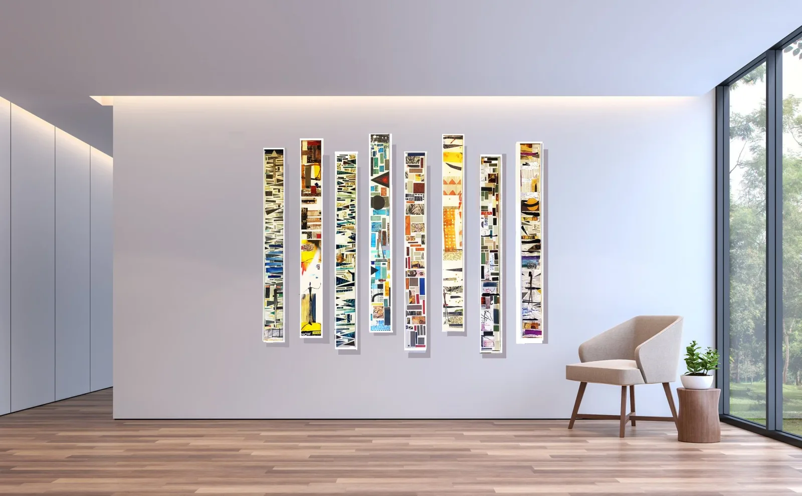 A mixed media installation of vertical collages featuring abstract compositions in Nobel, Link Water, and Pale Slate hues.