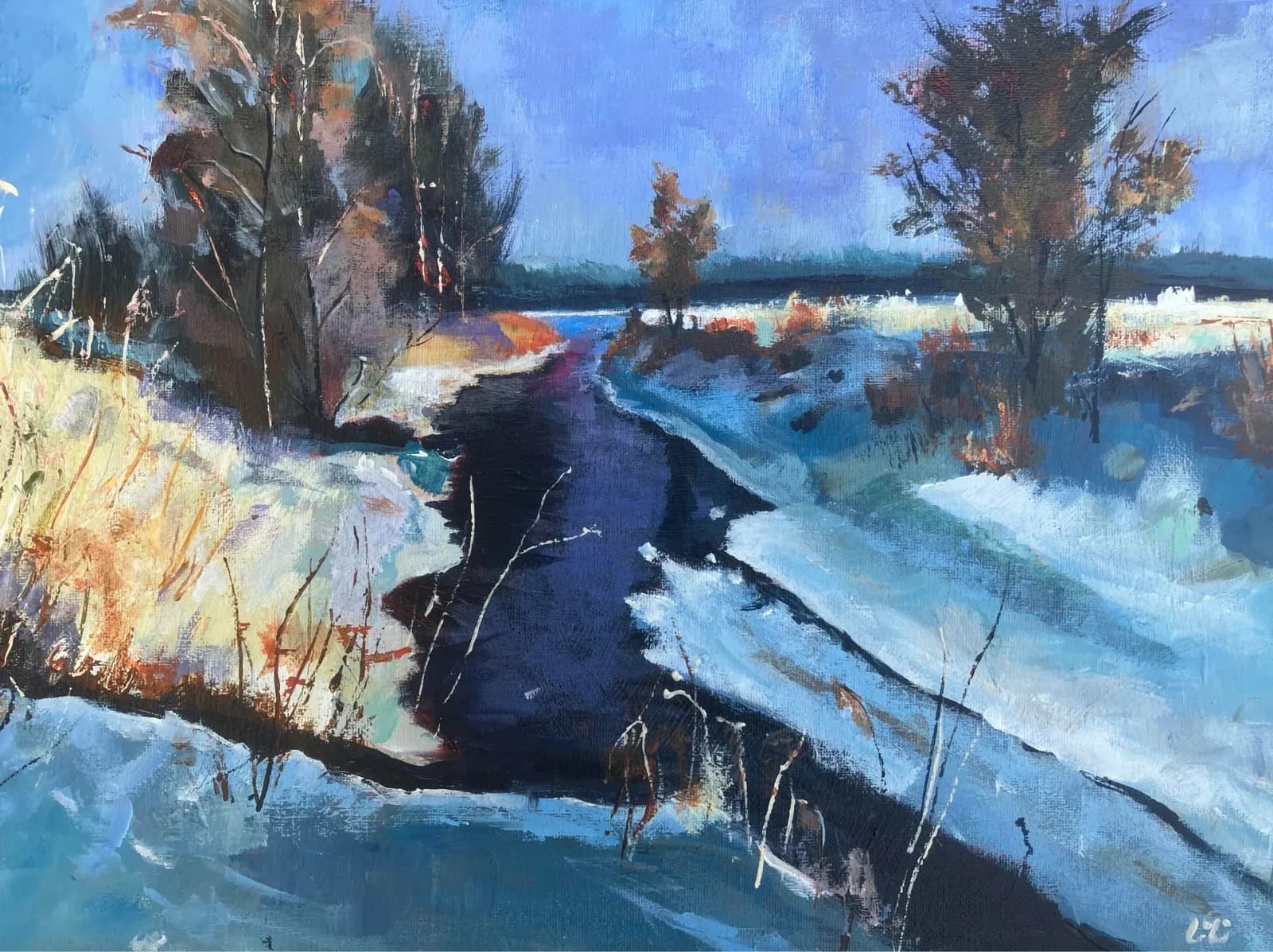 An impressionistic oil painting depicts a winter landscape with a dark stream flowing through snow-covered banks and bare trees under a bright gray sky.