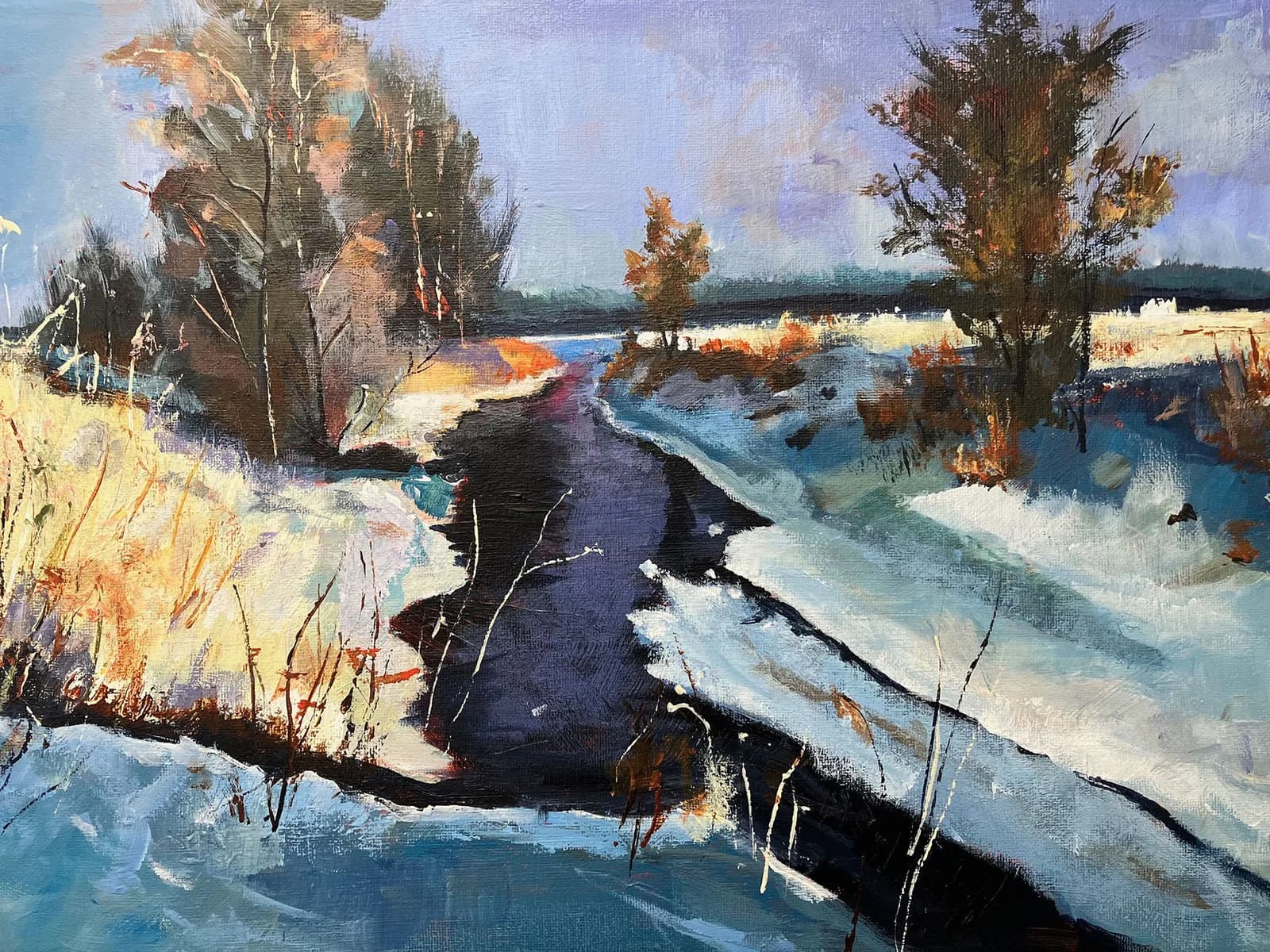 An impressionistic oil painting depicts a winter landscape with a dark stream flowing through snow-covered fields and bare trees.