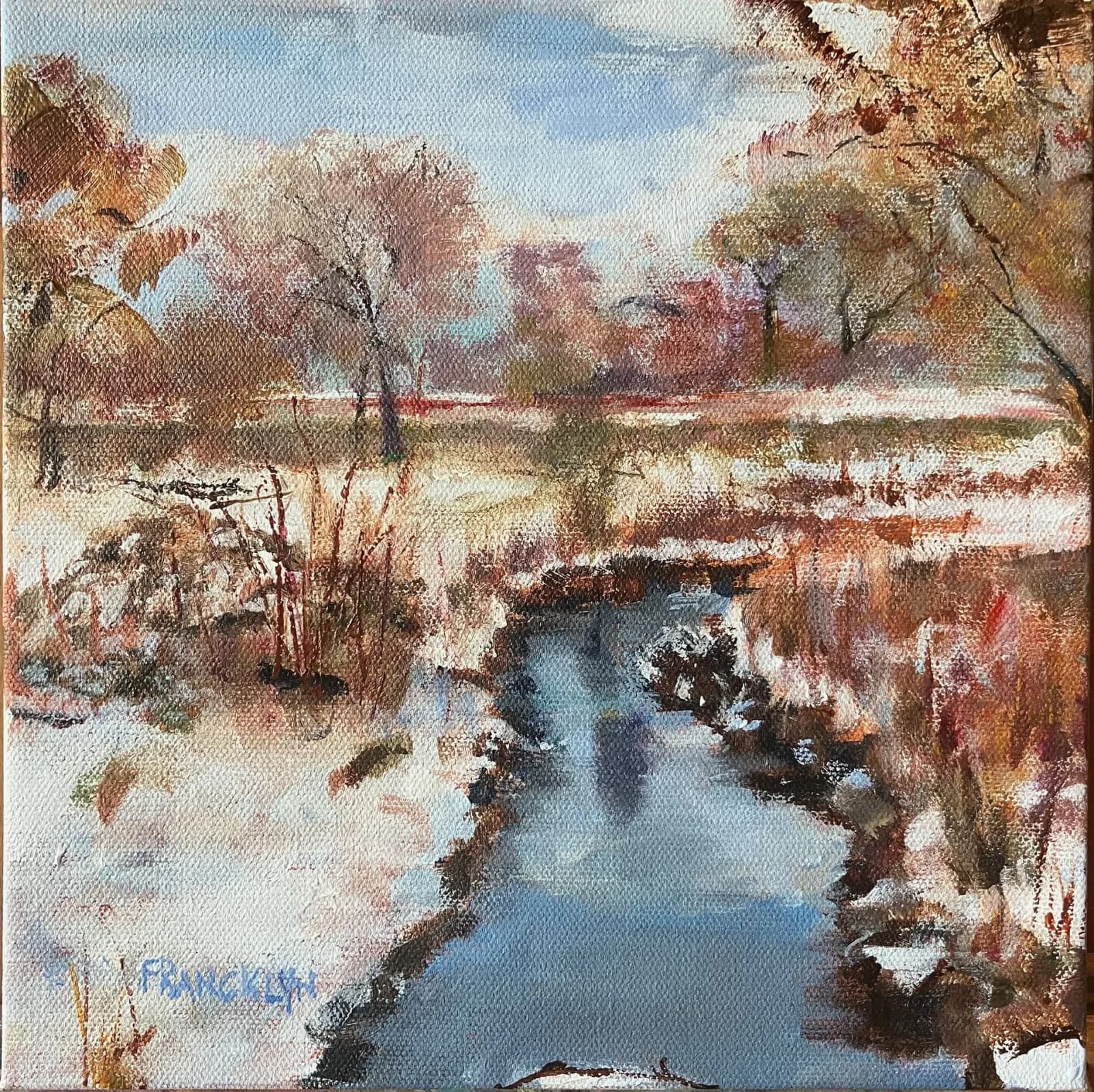 An impressionistic oil painting depicts a winter landscape with a stream flowing through snow-covered banks and bare trees.