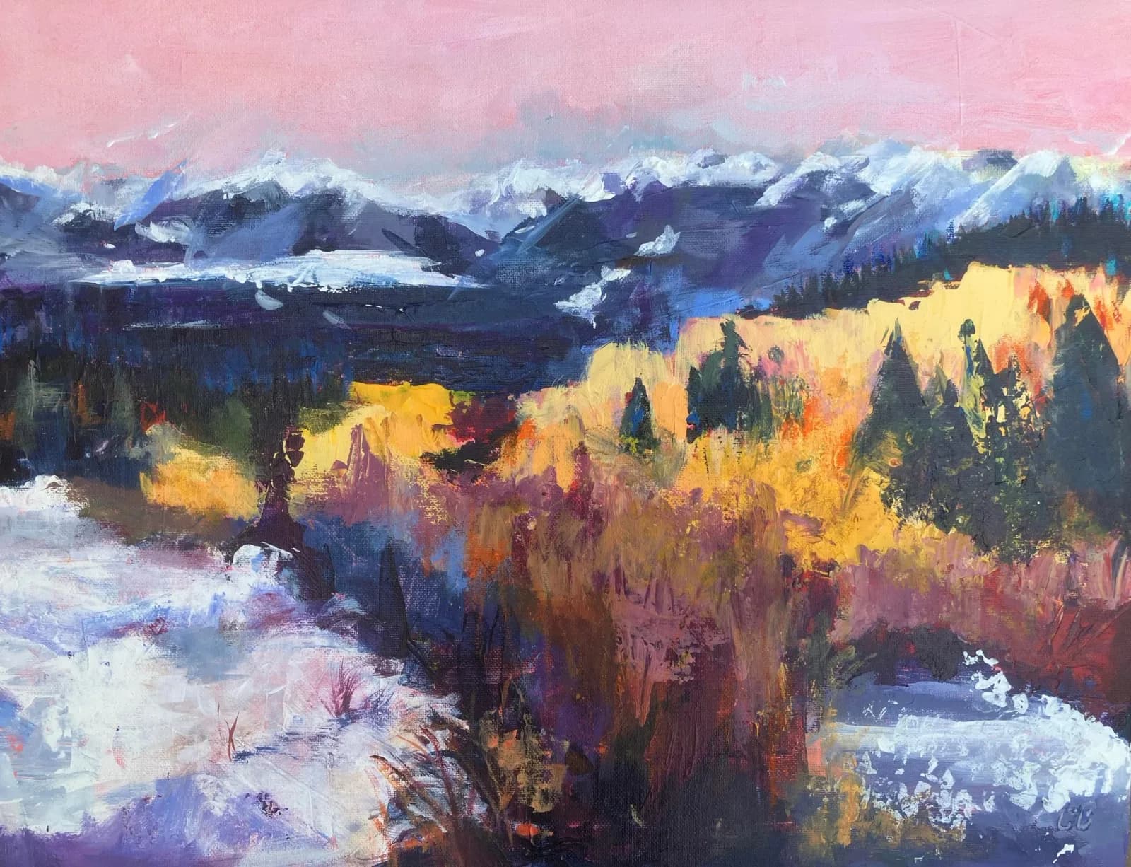 An impressionistic oil painting depicts a snow-covered landscape with vibrant yellow foliage and distant purple mountains under a pink sky.