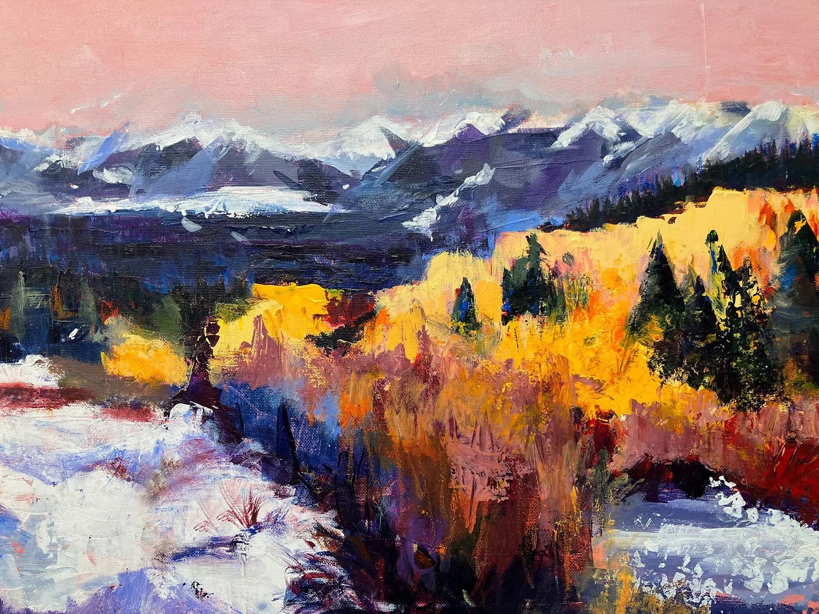 An impressionistic oil painting captures a vibrant mountain landscape with snow-capped peaks and golden fall foliage.