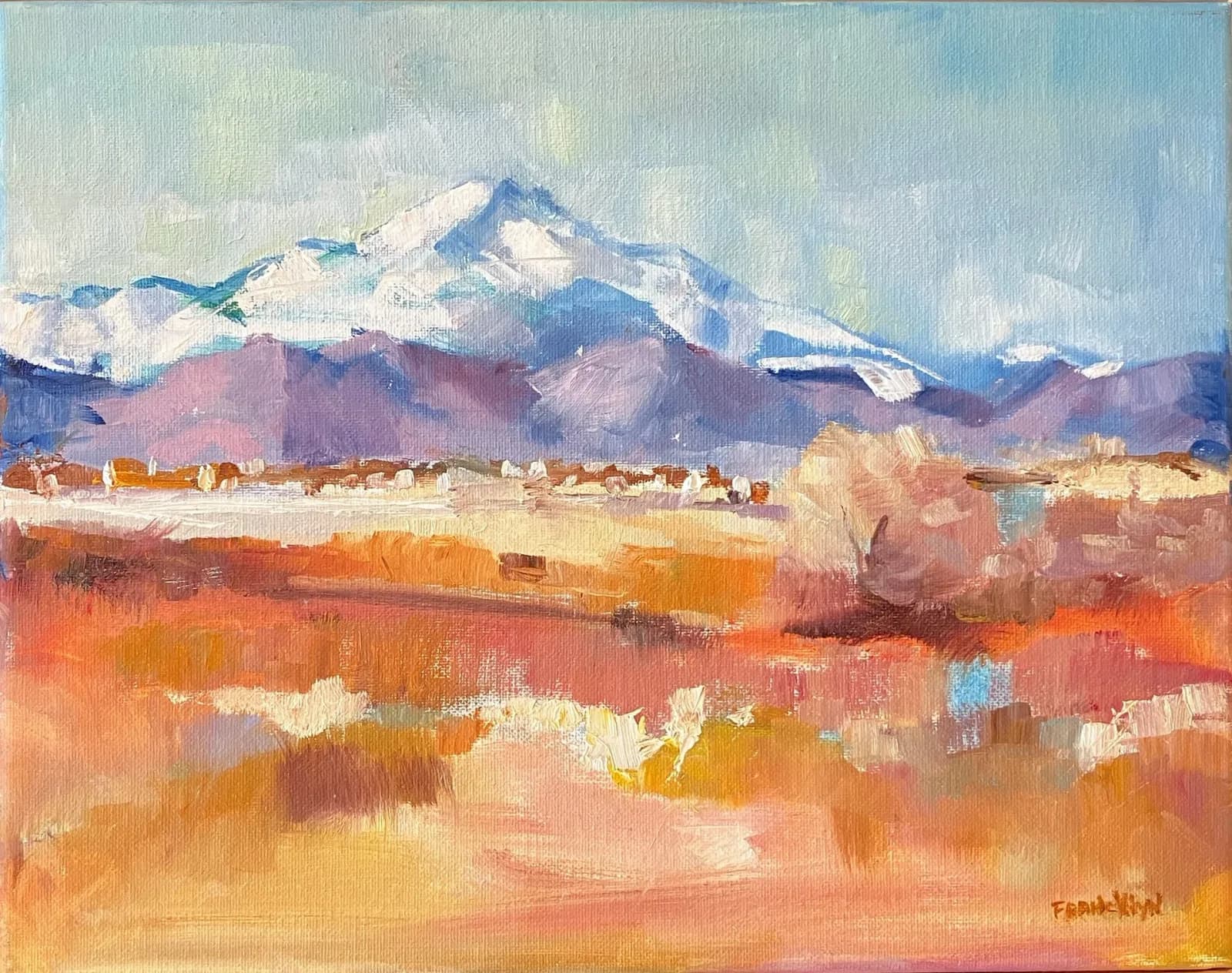 An impressionistic oil painting depicts a snow-capped mountain range under a pale blue sky, with a vibrant field in the foreground.