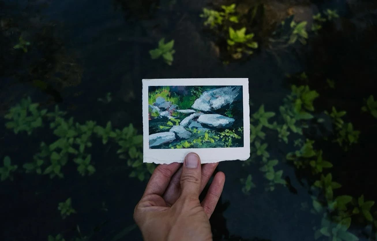 An impressionistic painting of rocks in a stream, rendered in oil and acrylic, set against a dark, watery background.